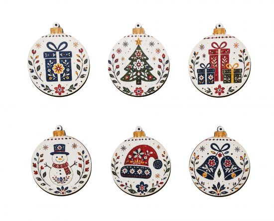Drewniane bombki choinkowe z motywami folklorystycznymi – zestaw 6 szt. Drewniane bombki choinkowe z motywami folklorystycznymi – zestaw 6 szt.